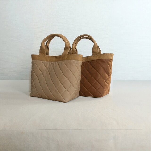 撥水ナイロンキルトx帆布のトートバッグ