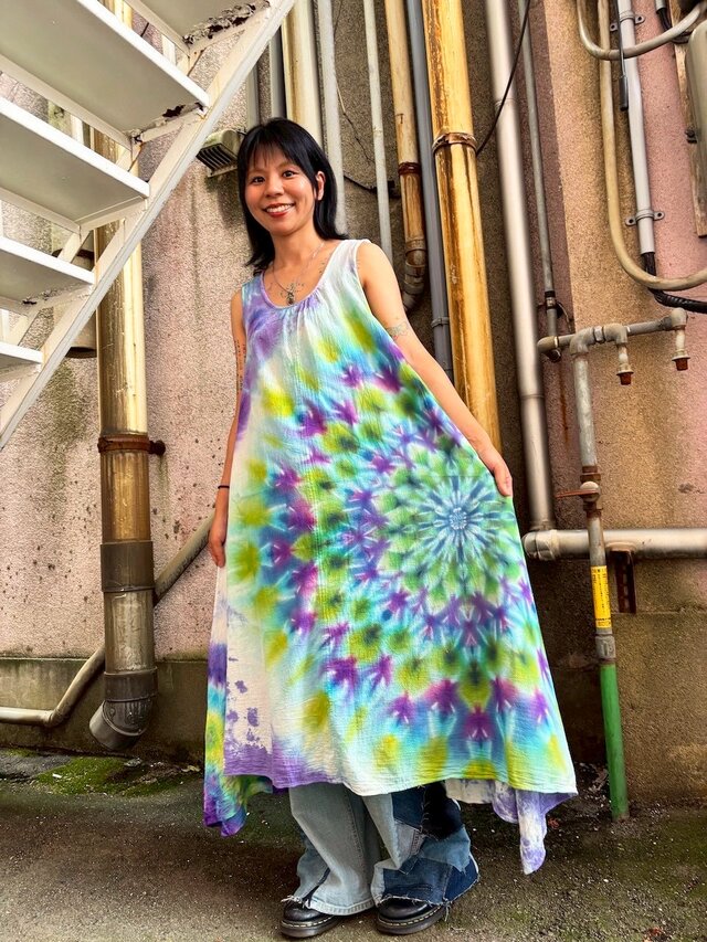 タイダイ ノースリーブワンピース 幻想的な孔雀大曼荼羅 HD24-41