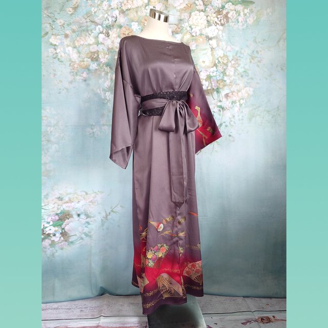 正絹 振袖 ウエストリボン付きタック入りワンピース♪着物リメイク sale！正絹 訪問着 ウエストリボン付きタック入りワンピース