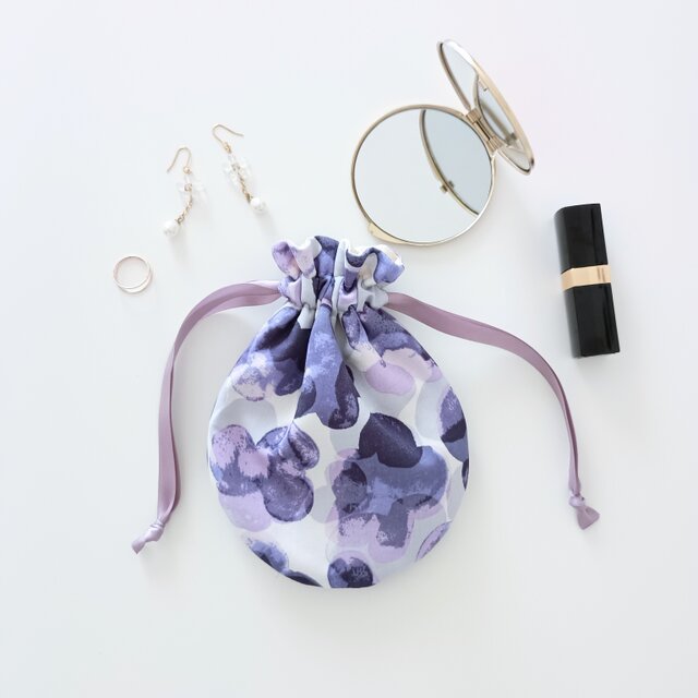 巾着ポーチ 丸or四角 京都産 水彩画風プリント 花柄 和モダン