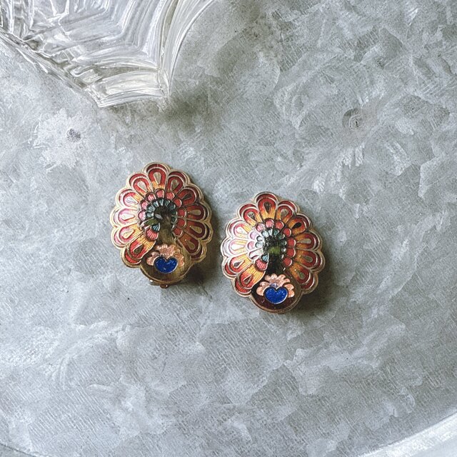 Y1168-ヴィンテージイヤリング・U.S.A. 1970s Gold Tone Cloisonne Peacock