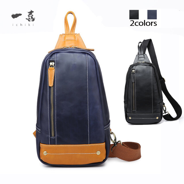 ショルダーバッグ  ボディバッグ ハンドメイド 高級牛革レザー 斜めがけ ネイビーブルー Y08