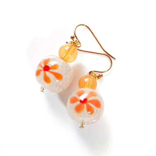 トンボ玉ピアス　オレンジ