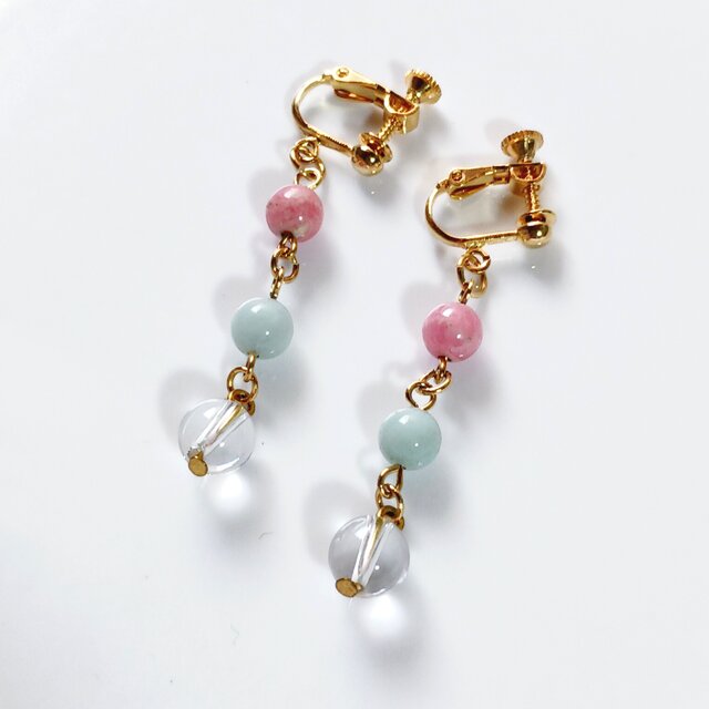 天然石イヤリング　インカローズ、アマゾナイト