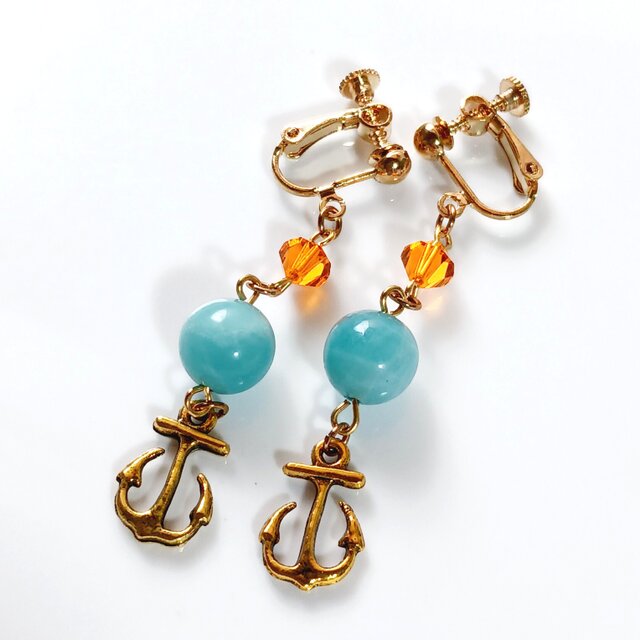 天然石イヤリング　アマゾナイト　スワロフスキー