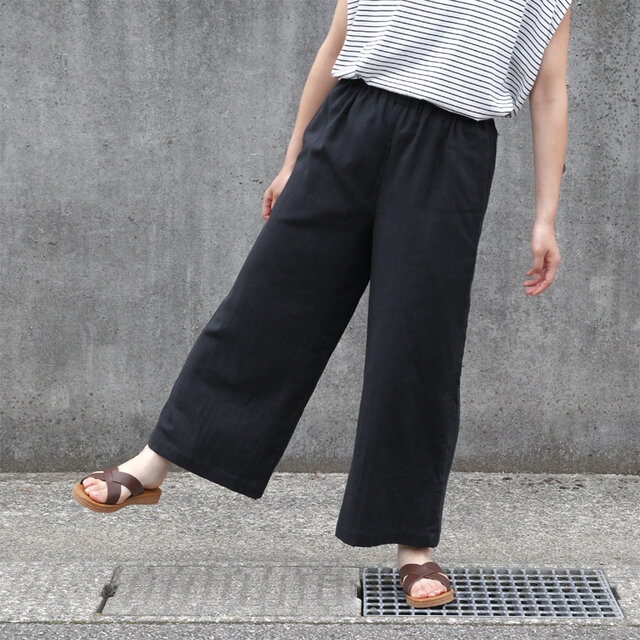 【即納】ふんわり柔らか オーガニックコットン・ダブルガーゼ ワイドイージーパンツ（ブラック・黒）ポケット コットン