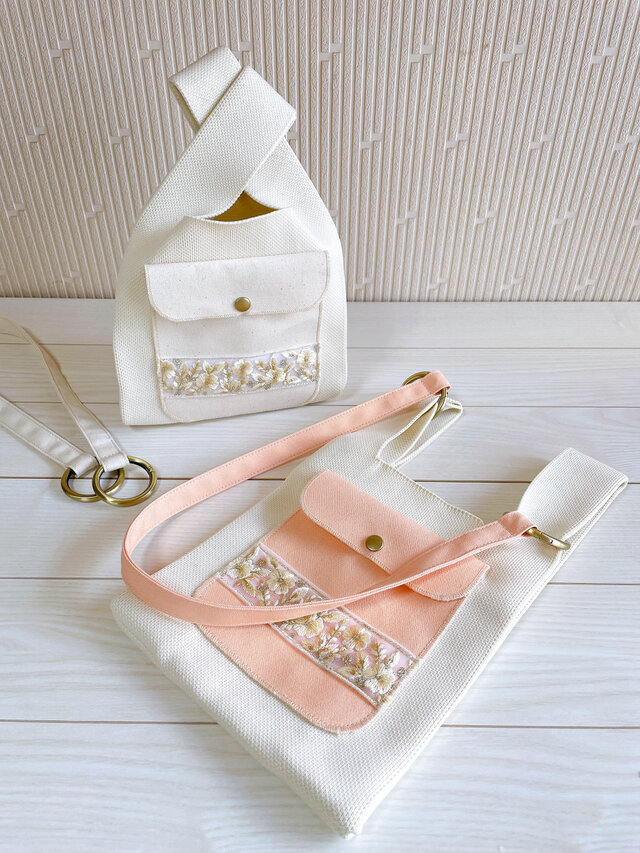 倉敷帆布　ポケット付き　ニットバッグ　ミニトート　インド刺繡リボン　ショルダーストラップ付き