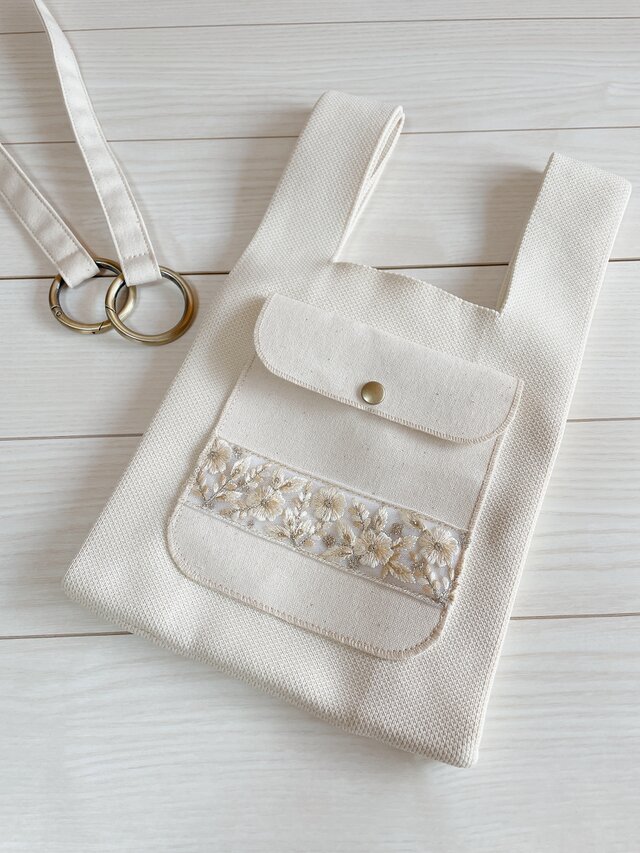 倉敷帆布 ポケット付き ニットバッグ ミニトート インド刺繡リボン