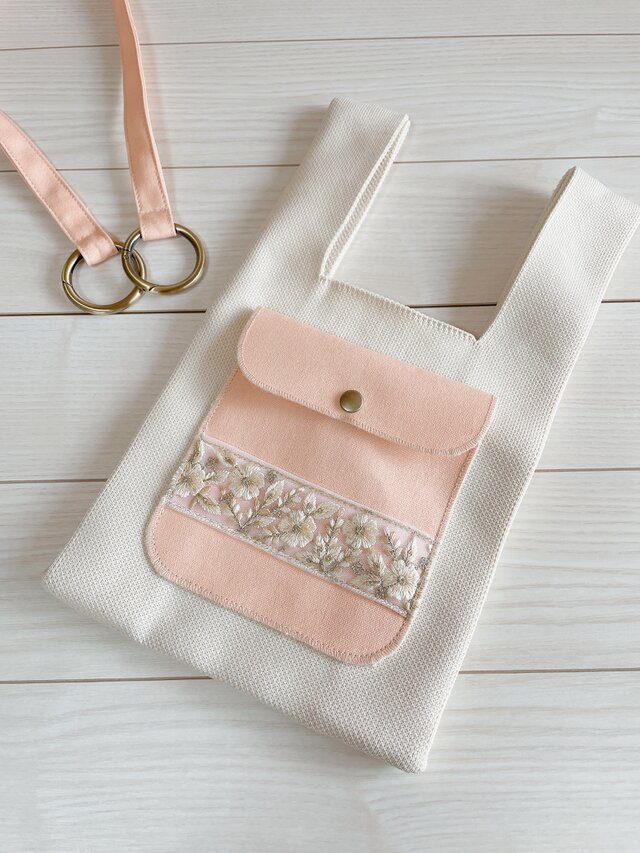倉敷帆布 ポケット付き ニットバッグ ミニトート インド刺繡リボン