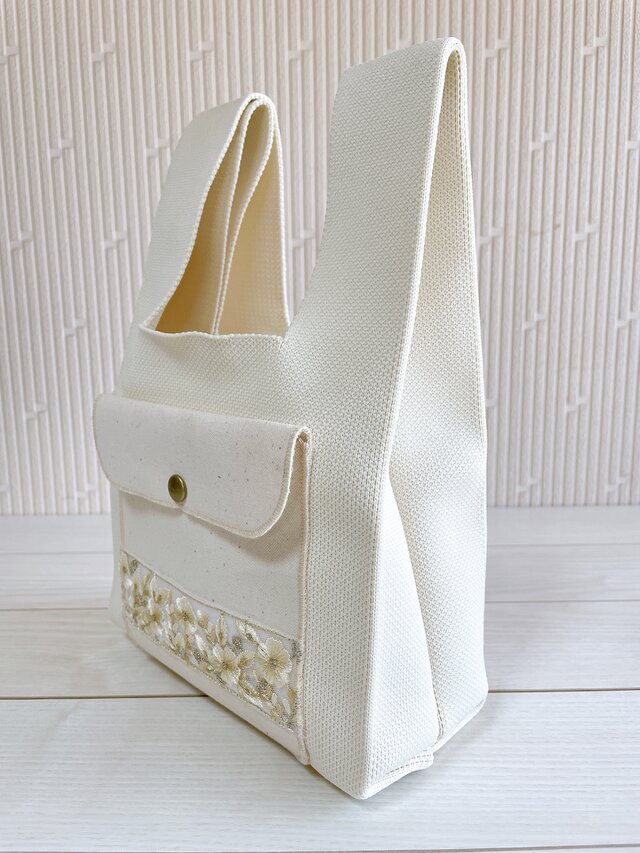 倉敷帆布 ポケット付き ニットバッグ ミニトート インド刺繡リボン