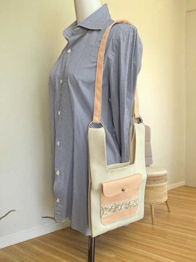 倉敷帆布 ポケット付き ニットバッグ ミニトート インド刺繡リボン