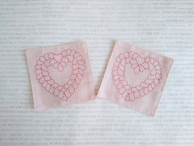 刺し子ハート模様のコースター2枚セット | iichi 日々の暮らしを