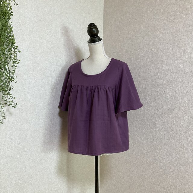 ふわふわコットンWガーゼ ひらひら蝶々みたいなお袖のブラウス　グレープ