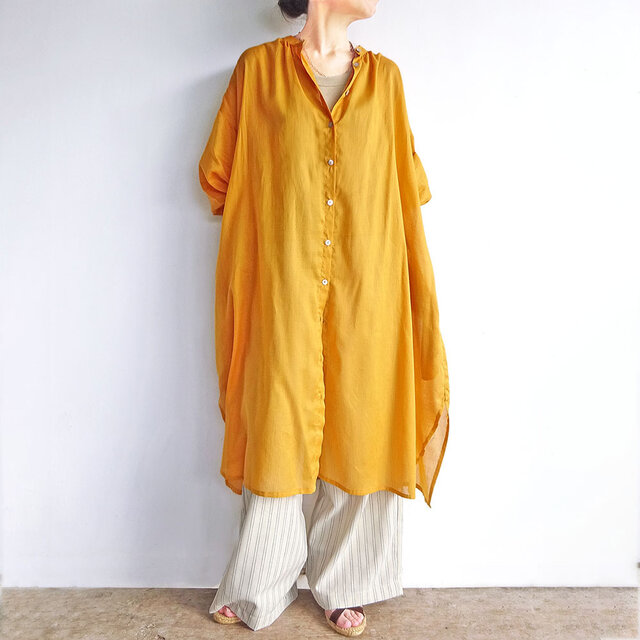 シフォン7分袖シャツワンピース（オレンジ）