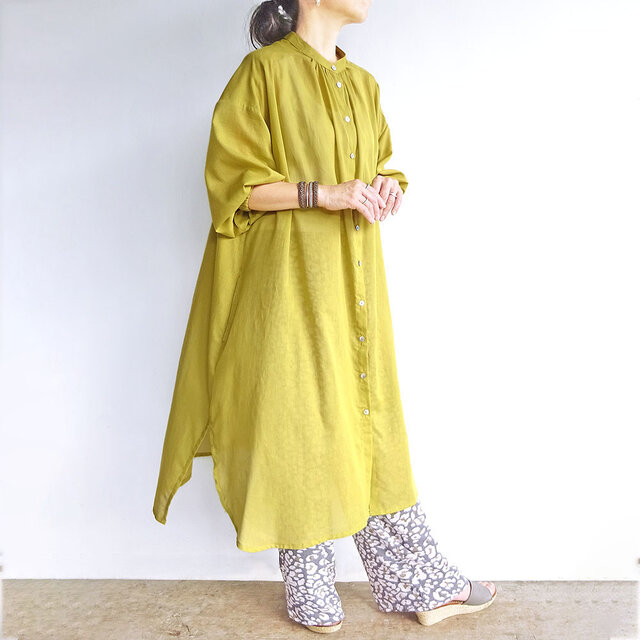 シフォン7分袖シャツワンピース（ピスタチオ）