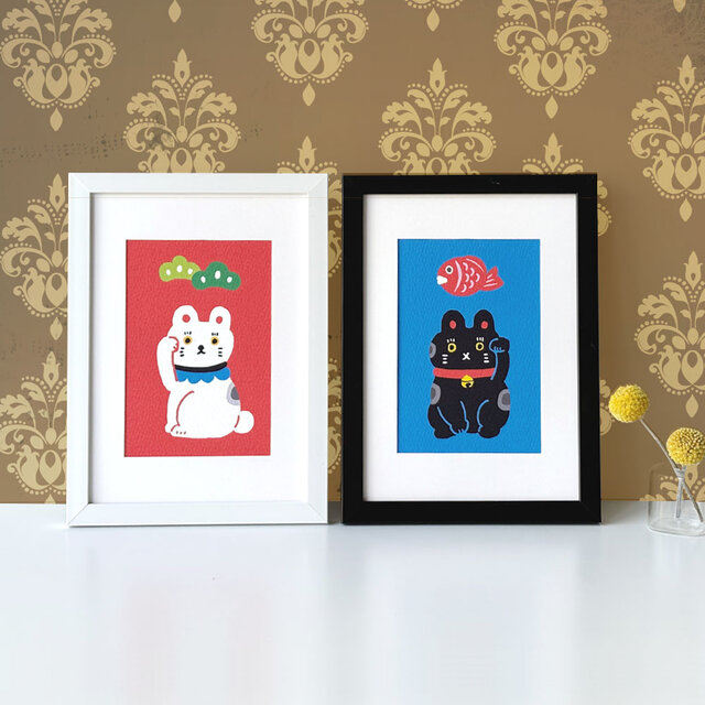 長方形額付きイラスト【シロクロ招き猫】