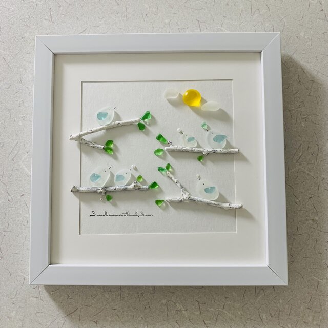 シーグラスアート 海の宝石 小鳥の家族 風景画 インテリア雑貨 観葉