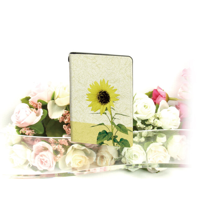 二つ折りパスケース/ICカードケース/カードケース【水彩調ひまわり】（名入れ可）