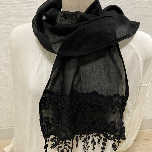 ハンドメイド☆ストール黒リネン花刺繍レースフリンジレース冠婚葬祭