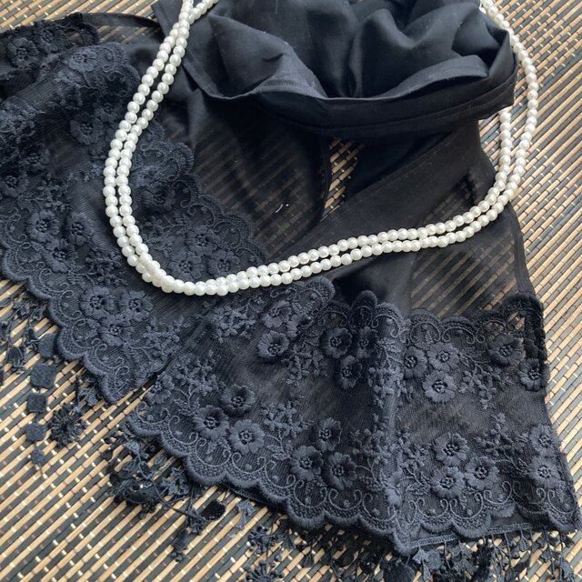 ハンドメイド☆ストール黒リネン花刺繍レースフリンジレース冠婚葬祭 