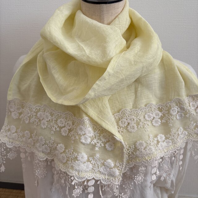 ハンドメイド☆ロングストールフレンチリネンイエロー花刺繍レースフリンジレース生成り