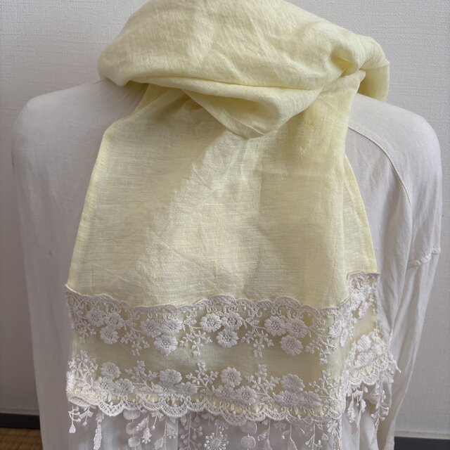 ハンドメイド☆ロングストールフレンチリネンイエロー花刺繍レース 