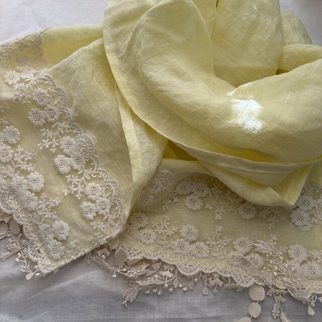 ハンドメイド☆ロングストールフレンチリネンイエロー花刺繍レース 