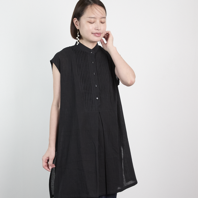 サラッと軽くて通気性◎ ライトコットン ピンタック チュニックシャツ　ブラック　0723BK