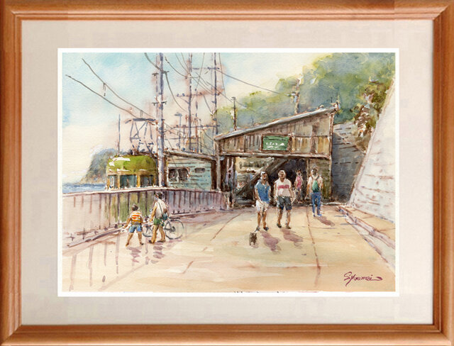 水彩画「鎌倉参道」 水彩画原画 江ノ電・鎌倉プリンスホテル前踏切 10 ＃653 | iichi