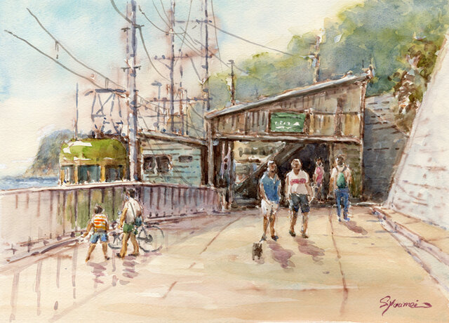 水彩画原画 江ノ電・鎌倉高校前駅改札口 ＃674 | iichi 日々の