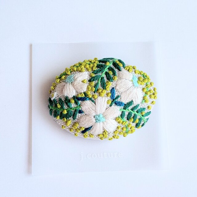 ミモザとお花の刺繍ブローチ・botanical#382