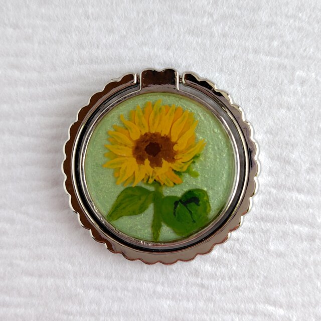 ひまわり（シルバー）＊手描きレジンのスマホリング