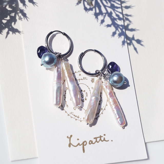 ☆あこや真珠とアイオライトのフープピアス・イヤリング有り・サージカルステンレス　～露時雨（つゆしぐれ）