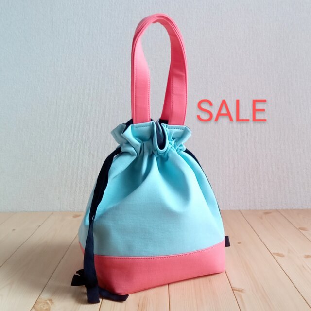 【セール】優しいカラー　リボン巾着トートバッグ　ライトブルー✕コーラルピンク　　607