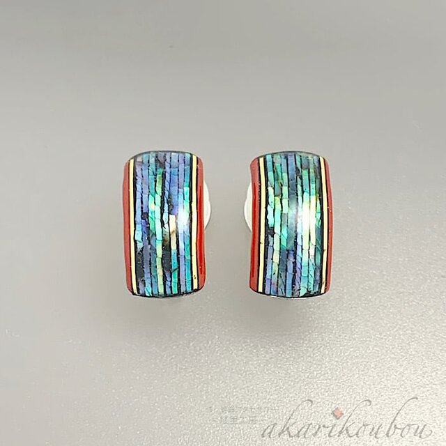 【sv925】螺鈿イヤリング 千筋螺鈿 朱漆 漆アクセサリー