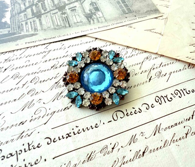 チェコヴィンテージボタン／キラキラカラフルビジューボタンブローチ