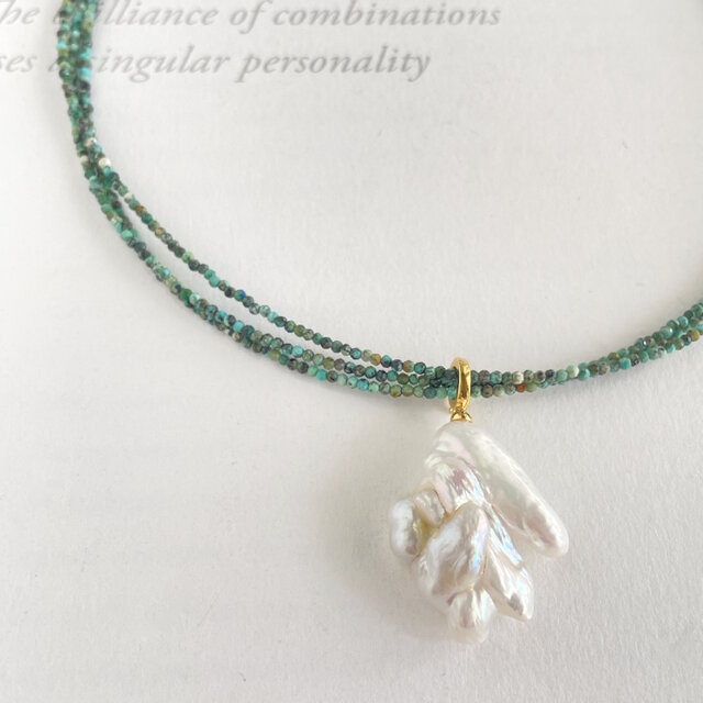 極細３連ターコイズのチョーカーネックレス 選べる大粒ケシパールのペンダント付き