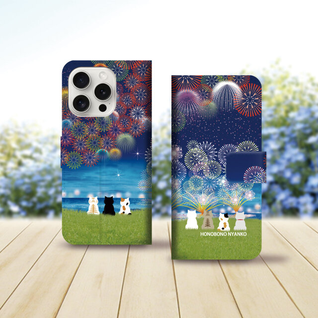 iPhoneスタンダード手帳型スマホケース （カメラ穴あり/はめ込みタイプ）【ほのぼのにゃんこ（花火Ⅱ）花火大会】