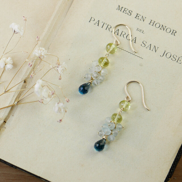 #1064 14KGF極上レモンクォーツとロンドンブルートパーズのピアス（イヤリング）