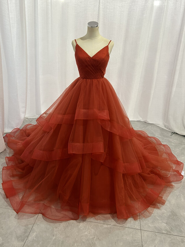 カラードレス テラコッタ キャミソール Vネック ラッフルフリル ソフトチュール ロングトレーン 花嫁