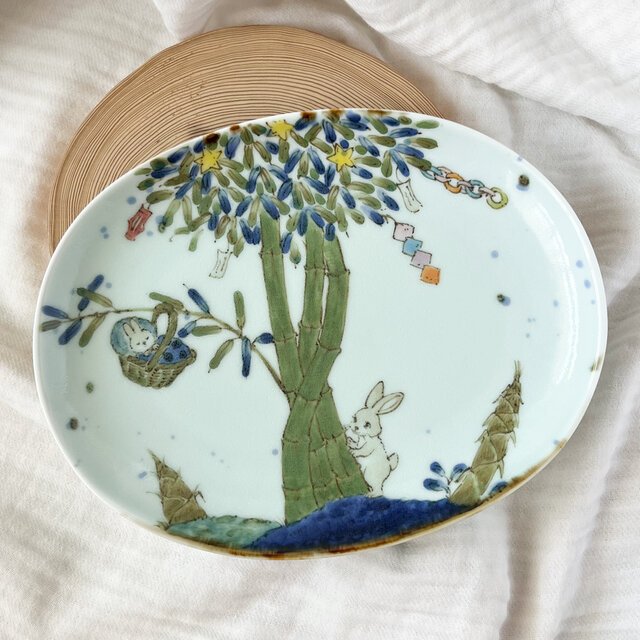 チコロット❤️すべて手描き❤️染付け❤️小判型❤️だ円皿❤️メイン皿❤️可愛い❤️童話❤️竹取物語❤️かぐや姫