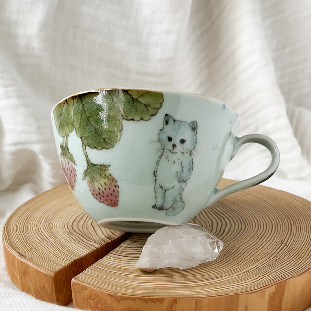 チコロット❤️すべて手描き❤️染付け❤️スープカップ❤️カフェオレボウル❤️お味噌汁お椀❤️いちご❤️猫