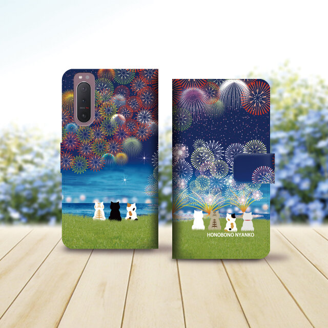 Android シンプル手帳型スマホケース（カメラ穴あり/はめ込みタイプ）【ほのぼのにゃんこ（花火Ⅱ）花火大会】