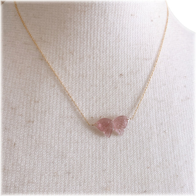 天然石・ピンクトルマリン*バタフライ ルースネックレス (K14GF
