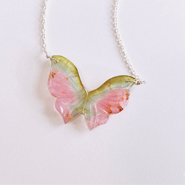 天然石・ウォーターメロン・トルマリン*バタフライ ルースネックレス　(シルバー925製)