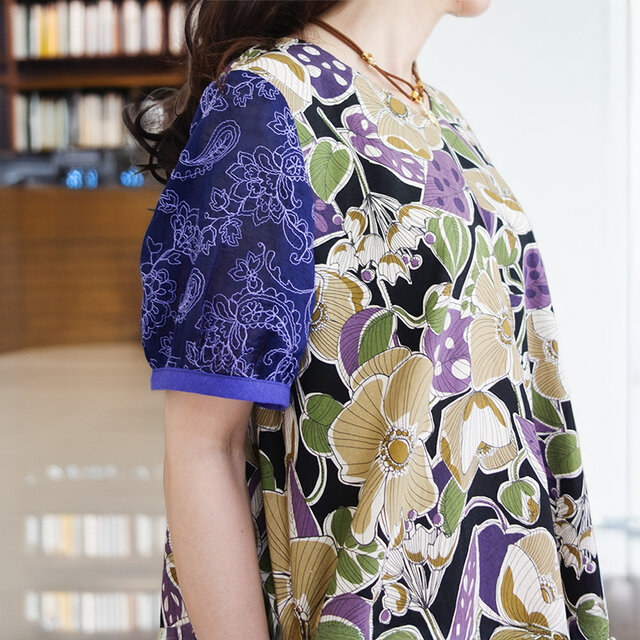 カンパニュラと葡萄のコットンリネンバックリボンワンピース