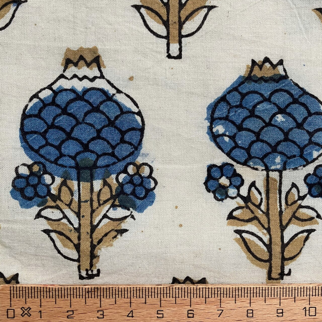 インド ブロックプリント生地 [50cm単位] Ajrak ブルーフラワー