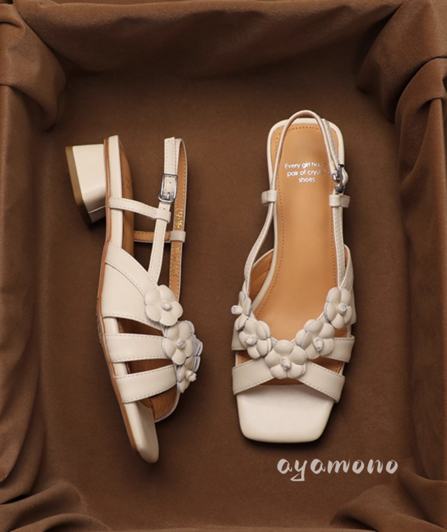 【受注製作】パンプスシューズ 手製牛革レザー 靴 花びらの飾り ローマ風 FH03