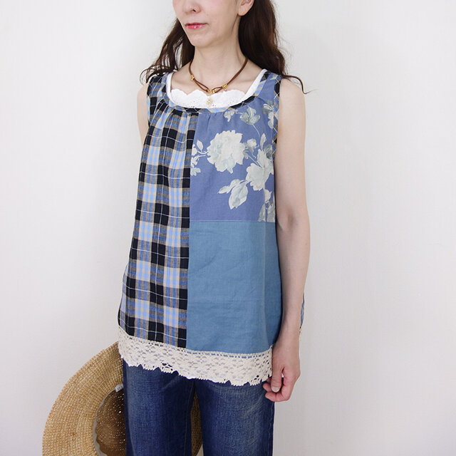 ラスト！[予約販売] グレイッシュブルーチェックと水彩花のリネンパッチキャミ（セットアップ可）