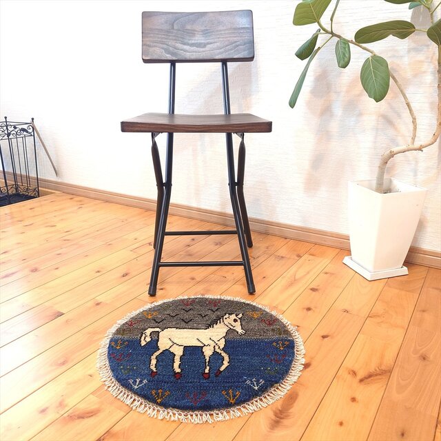 ペルシャ　アマレバフト　ミニマット　円形　40×40　藍色　馬　生命の木 ペルシャ ギャッベ アマレバフト ミニマット 横40Φ40㎝ 円形 馬